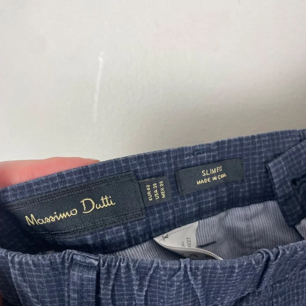 Massimo Dutti Men's 38X28 Cropped Navy Blue Micro Plaid Trouser Pants Careerwear